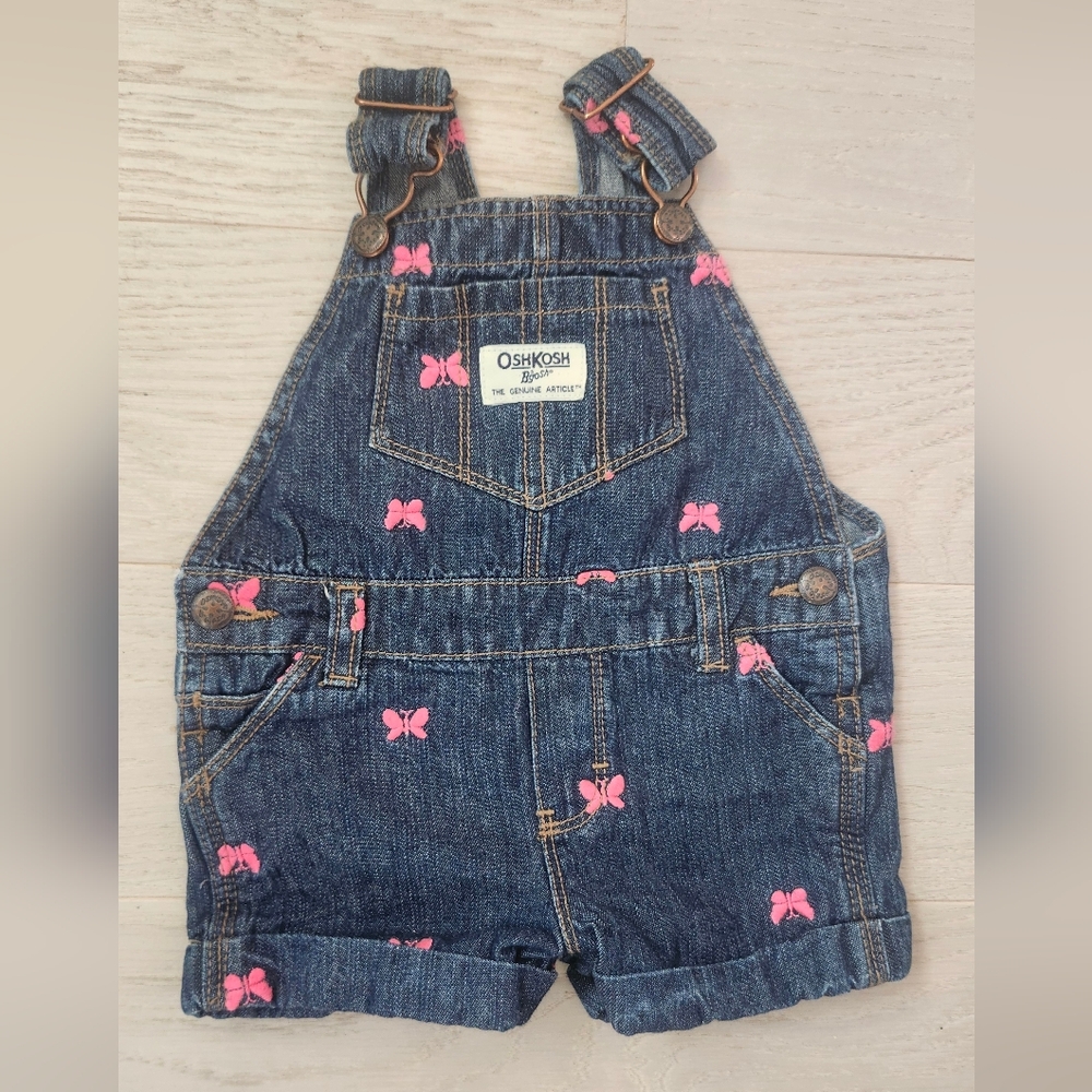 Oshkosh B'gosh Denim Embroidered Pink Butterfly Overall Shorts 9 Months